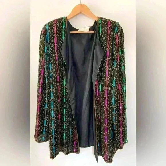 VINTAGE Fully  Beaded Open Front Blazer on Silk - Picture 3 of 7